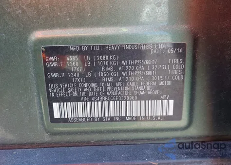 2014 Subaru Outback 2.5I Premium z USA, uszkodzony, nr VIN 4S4BRBCC6E3320960